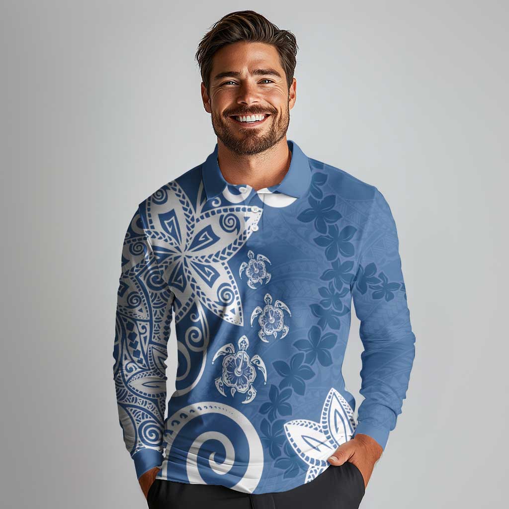 Polynesia Long Sleeve Polo Shirt Blue Tribal Turtle Floral Pattern