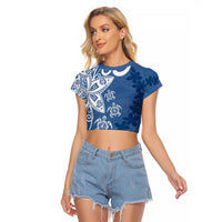 Polynesia Raglan Cropped T Shirt Blue Tribal Turtle Floral Pattern