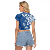 Polynesia Raglan Cropped T Shirt Blue Tribal Turtle Floral Pattern