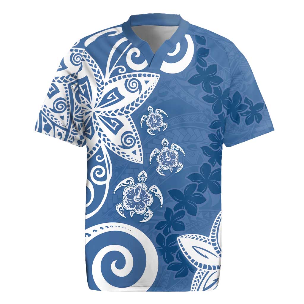 Polynesia Rugby Jersey Blue Tribal Turtle Floral Pattern LT05 Blue - Polynesian Pride