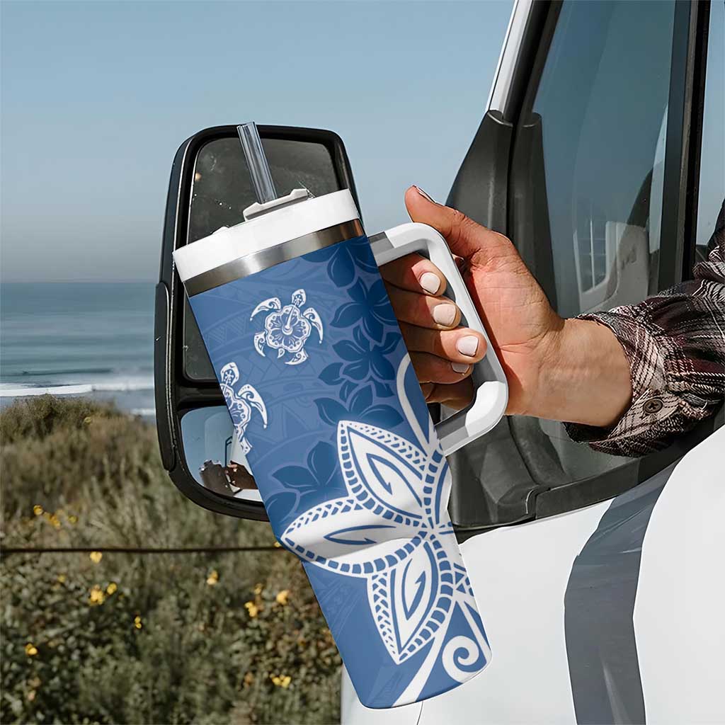 Polynesia Tumbler With Handle Blue Tribal Turtle Floral Pattern