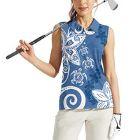 Polynesia Women Sleeveless Polo Shirt Blue Tribal Turtle Floral Pattern