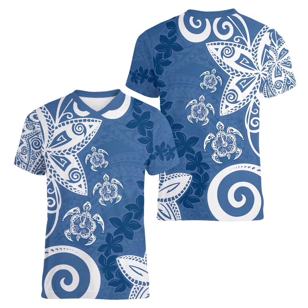 Polynesia Women V-Neck T-Shirt Blue Tribal Turtle Floral Pattern