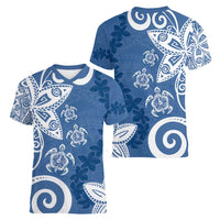 Polynesia Women V-Neck T-Shirt Blue Tribal Turtle Floral Pattern