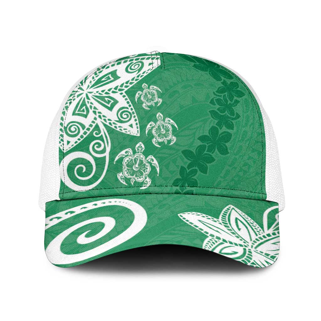 Polynesia Baseball Net Cap Green Tribal Turtle Floral Pattern LT05 One Size White Green - Polynesian Pride