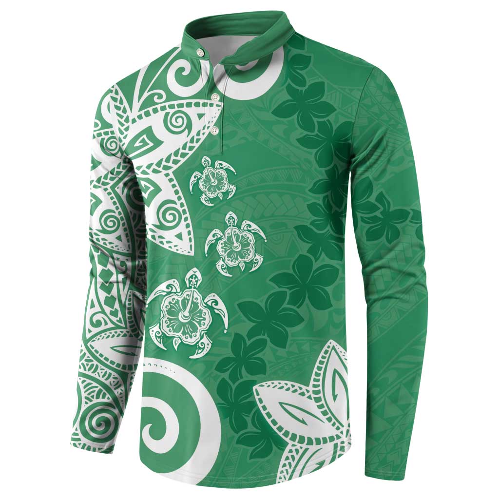 Polynesia Button Sweatshirt Green Tribal Turtle Floral Pattern