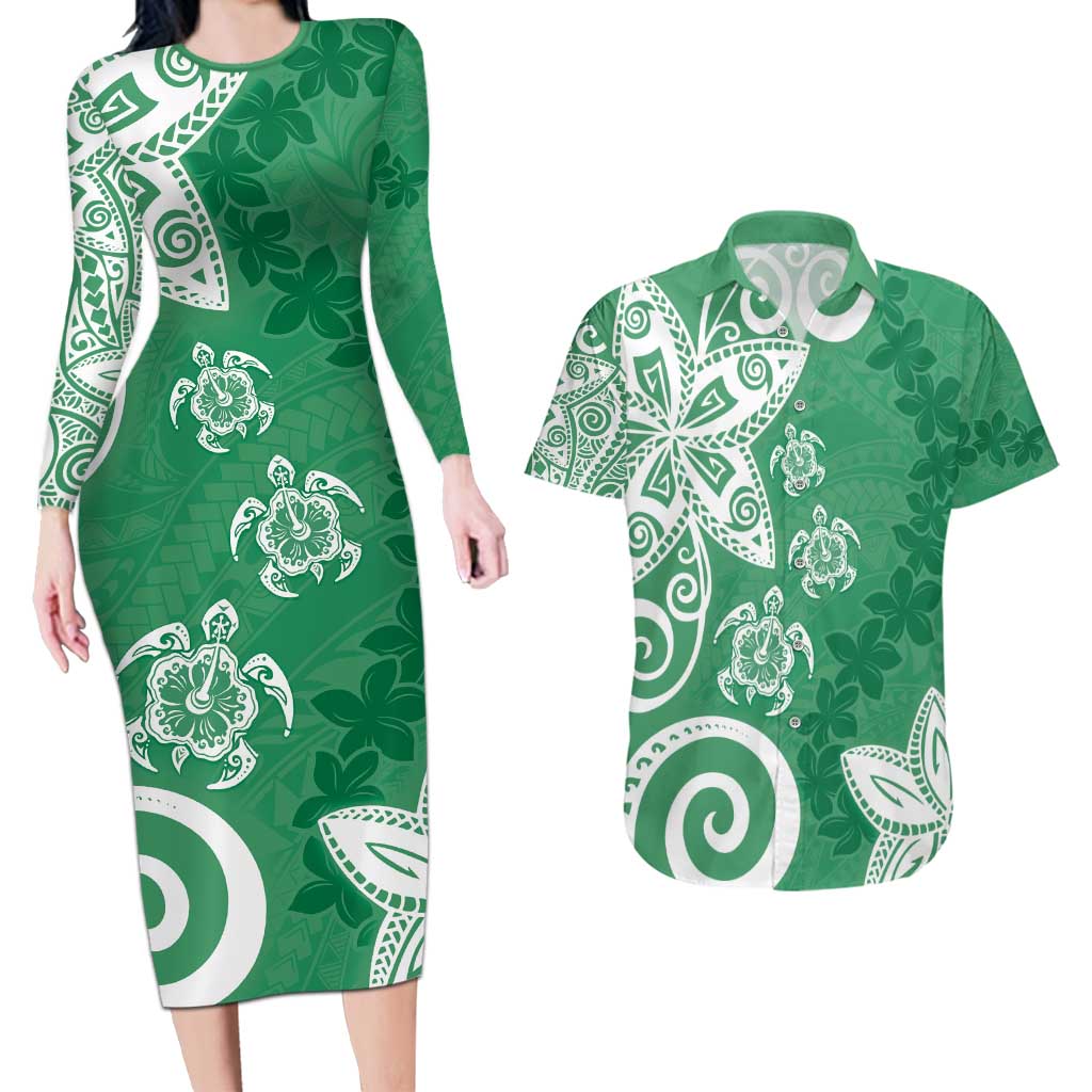 Polynesia Couples Matching Long Sleeve Bodycon Dress and Hawaiian Shirt Green Tribal Turtle Floral Pattern LT05 Green - Polynesian Pride