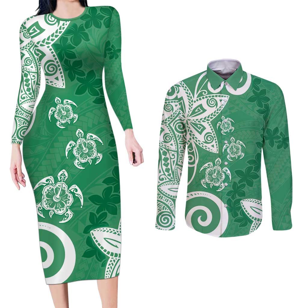 Polynesia Couples Matching Long Sleeve Bodycon Dress and Long Sleeve Button Shirt Green Tribal Turtle Floral Pattern