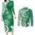 Polynesia Couples Matching Long Sleeve Bodycon Dress and Long Sleeve Button Shirt Green Tribal Turtle Floral Pattern