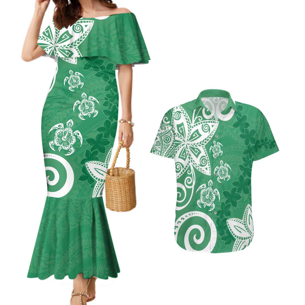 Polynesia Couples Matching Mermaid Dress and Hawaiian Shirt Green Tribal Turtle Floral Pattern LT05 Green - Polynesian Pride