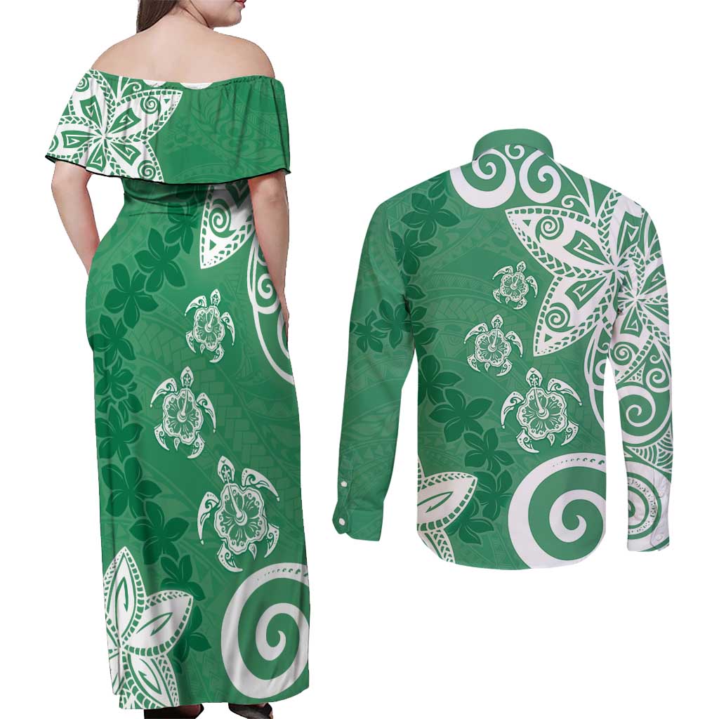 Polynesia Couples Matching Off Shoulder Maxi Dress and Long Sleeve Button Shirt Green Tribal Turtle Floral Pattern