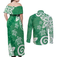 Polynesia Couples Matching Off Shoulder Maxi Dress and Long Sleeve Button Shirt Green Tribal Turtle Floral Pattern