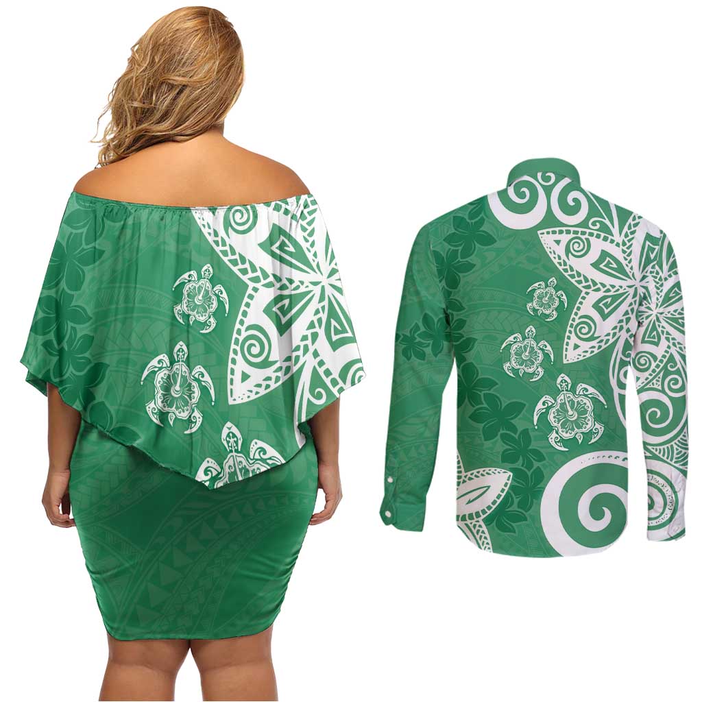 Polynesia Couples Matching Off Shoulder Short Dress and Long Sleeve Button Shirt Green Tribal Turtle Floral Pattern