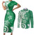 Polynesia Couples Matching Short Sleeve Bodycon Dress and Long Sleeve Button Shirt Green Tribal Turtle Floral Pattern