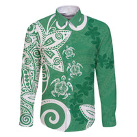Polynesia Family Matching Off The Shoulder Long Sleeve Dress and Hawaiian Shirt Green Tribal Turtle Floral Pattern