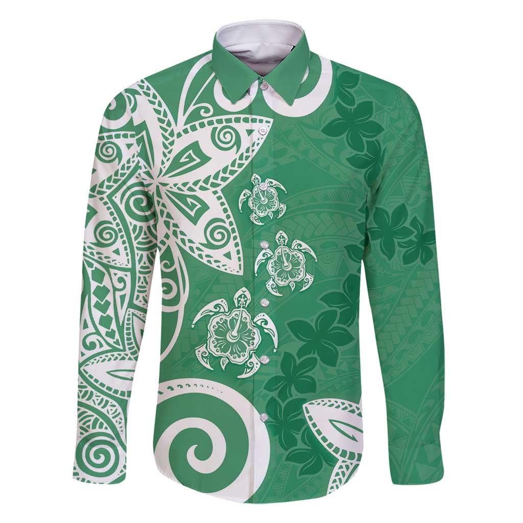 Polynesia Family Matching Off Shoulder Maxi Dress and Hawaiian Shirt Green Tribal Turtle Floral Pattern