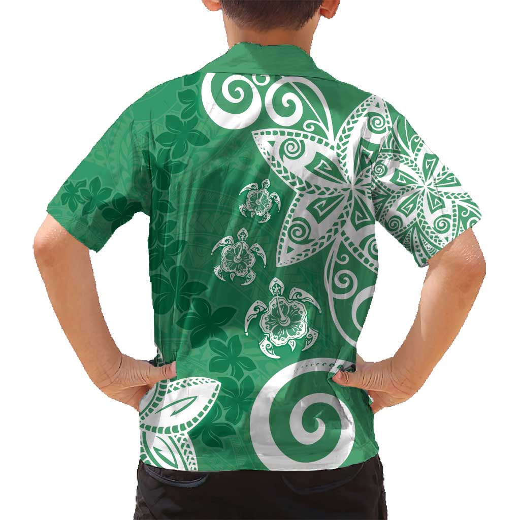 Polynesia Family Matching Off Shoulder Short Dress and Hawaiian Shirt Green Tribal Turtle Floral Pattern