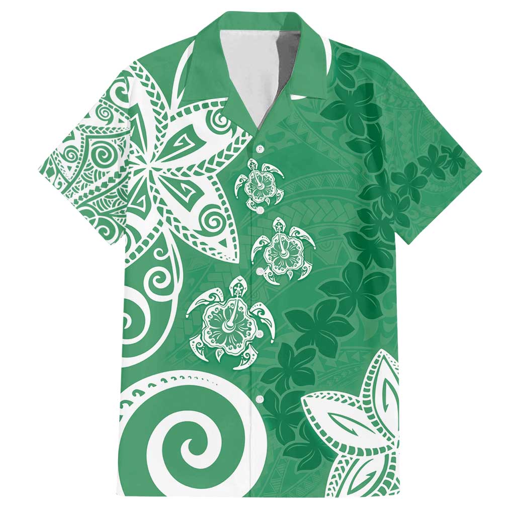 Polynesia Family Matching Off Shoulder Short Dress and Hawaiian Shirt Green Tribal Turtle Floral Pattern
