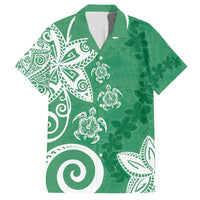 Polynesia Family Matching Off Shoulder Short Dress and Hawaiian Shirt Green Tribal Turtle Floral Pattern