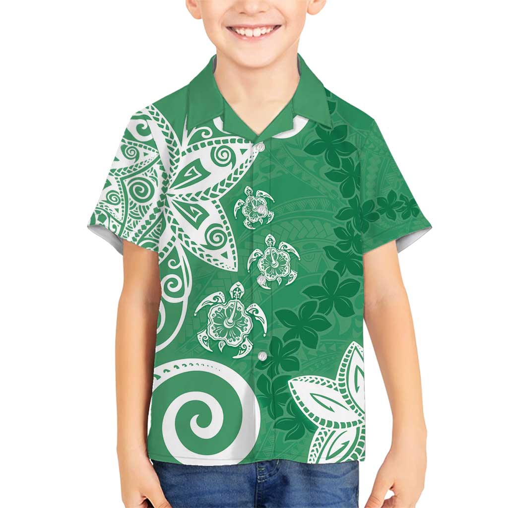 Polynesia Family Matching Off Shoulder Short Dress and Hawaiian Shirt Green Tribal Turtle Floral Pattern