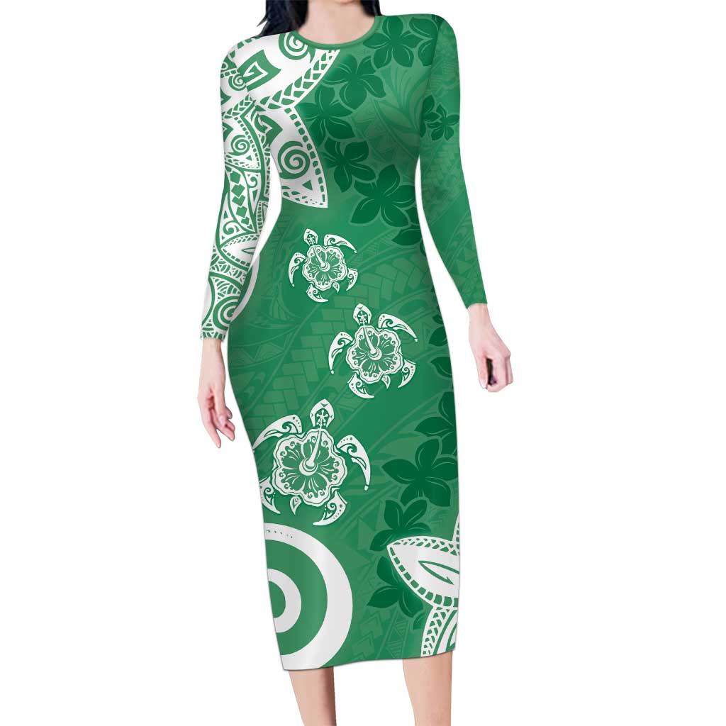 Polynesia Long Sleeve Bodycon Dress Green Tribal Turtle Floral Pattern LT05 Long Dress Green - Polynesian Pride