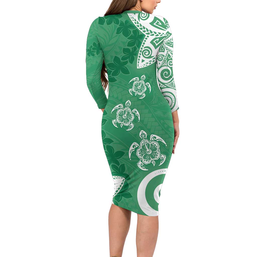 Polynesia Long Sleeve Bodycon Dress Green Tribal Turtle Floral Pattern LT05 - Polynesian Pride