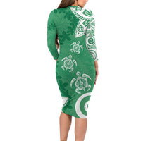 Polynesia Long Sleeve Bodycon Dress Green Tribal Turtle Floral Pattern LT05 - Polynesian Pride