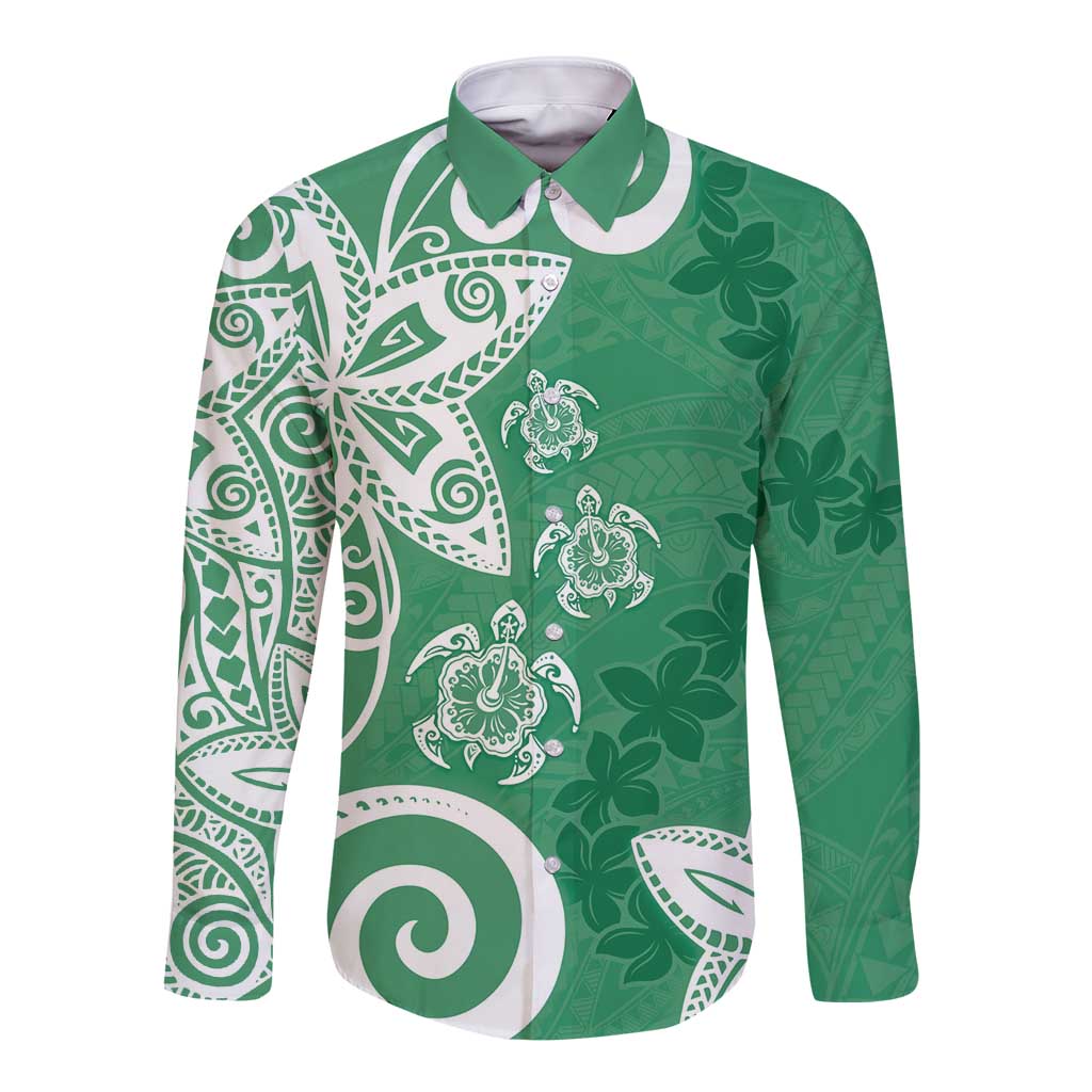 Polynesia Long Sleeve Button Shirt Green Tribal Turtle Floral Pattern LT05 Unisex Green - Polynesian Pride