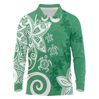 Polynesia Long Sleeve Polo Shirt Green Tribal Turtle Floral Pattern