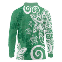Polynesia Long Sleeve Polo Shirt Green Tribal Turtle Floral Pattern