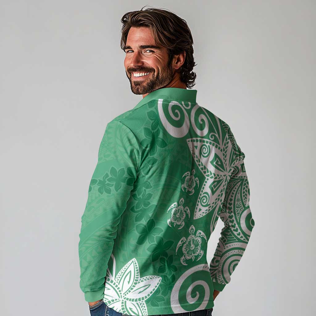 Polynesia Long Sleeve Polo Shirt Green Tribal Turtle Floral Pattern