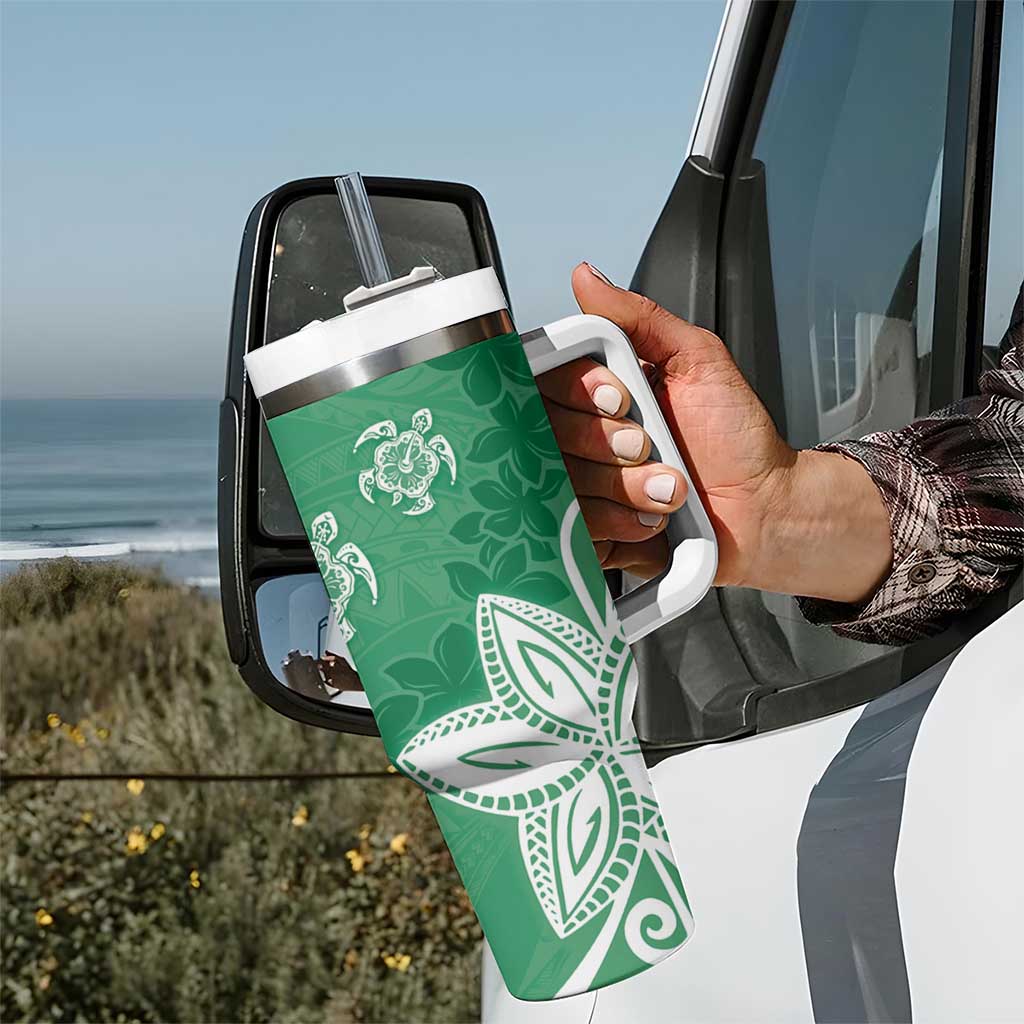 Polynesia Tumbler With Handle Green Tribal Turtle Floral Pattern