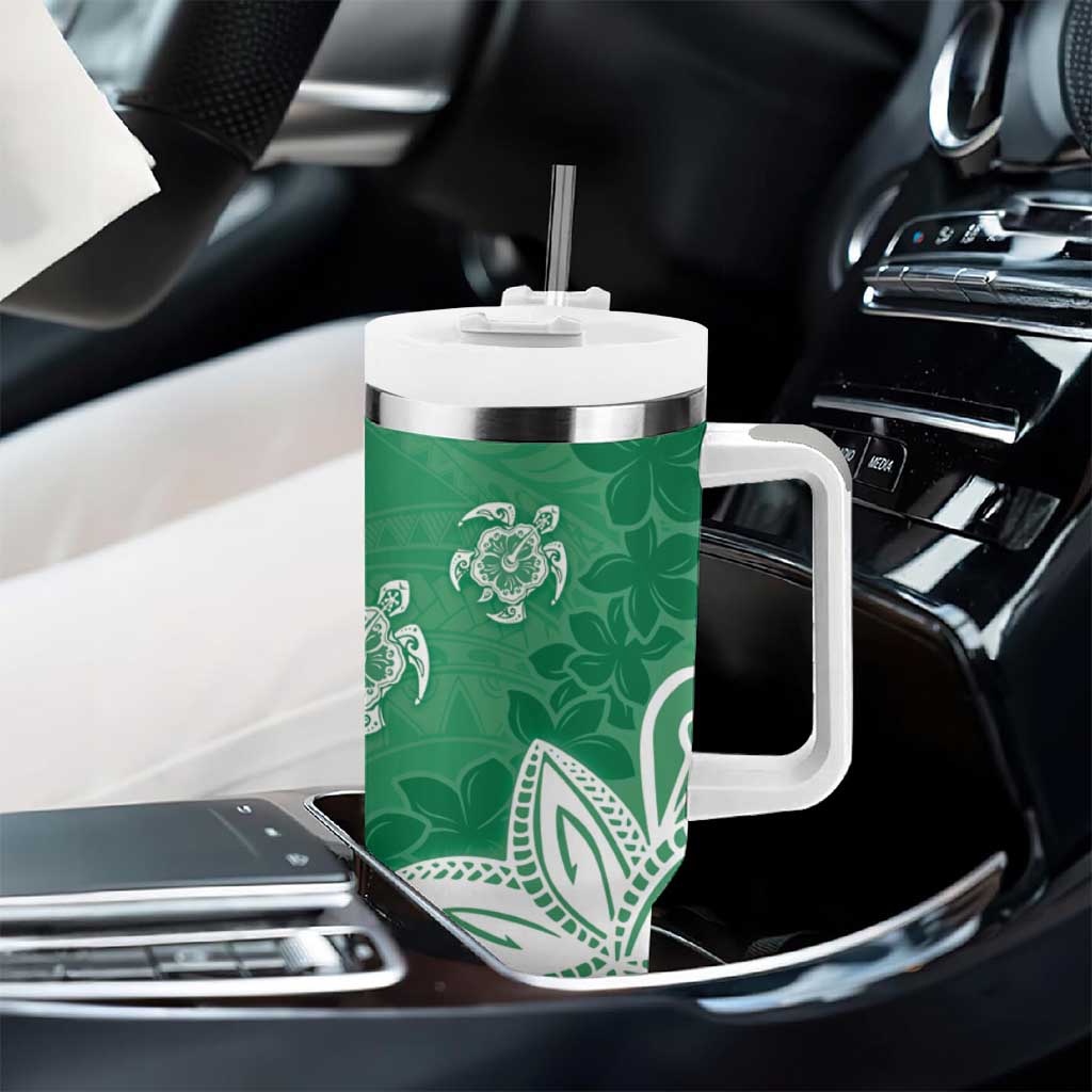 Polynesia Tumbler With Handle Green Tribal Turtle Floral Pattern