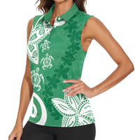 Polynesia Women Sleeveless Polo Shirt Green Tribal Turtle Floral Pattern