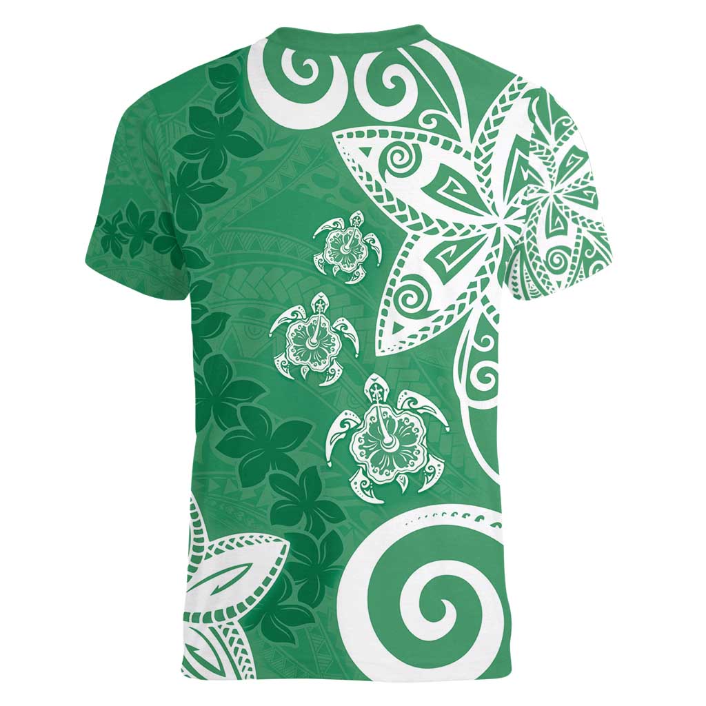 Polynesia Women V-Neck T-Shirt Green Tribal Turtle Floral Pattern