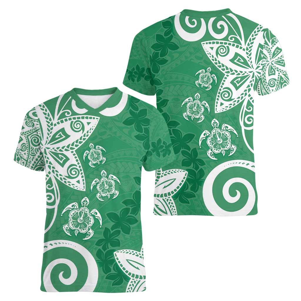 Polynesia Women V-Neck T-Shirt Green Tribal Turtle Floral Pattern