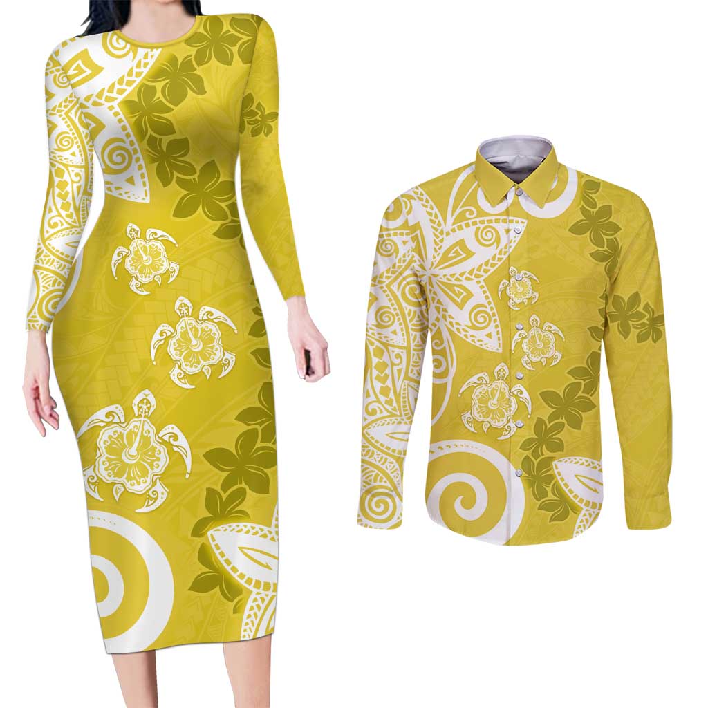 Polynesia Couples Matching Long Sleeve Bodycon Dress and Long Sleeve Button Shirt Yellow Tribal Turtle Floral Pattern