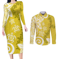 Polynesia Couples Matching Long Sleeve Bodycon Dress and Long Sleeve Button Shirt Yellow Tribal Turtle Floral Pattern