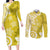 Polynesia Couples Matching Long Sleeve Bodycon Dress and Long Sleeve Button Shirt Yellow Tribal Turtle Floral Pattern