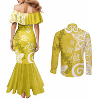 Polynesia Couples Matching Mermaid Dress and Long Sleeve Button Shirt Yellow Tribal Turtle Floral Pattern