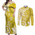 Polynesia Couples Matching Off Shoulder Maxi Dress and Long Sleeve Button Shirt Yellow Tribal Turtle Floral Pattern