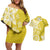 Polynesia Couples Matching Off Shoulder Short Dress and Hawaiian Shirt Yellow Tribal Turtle Floral Pattern