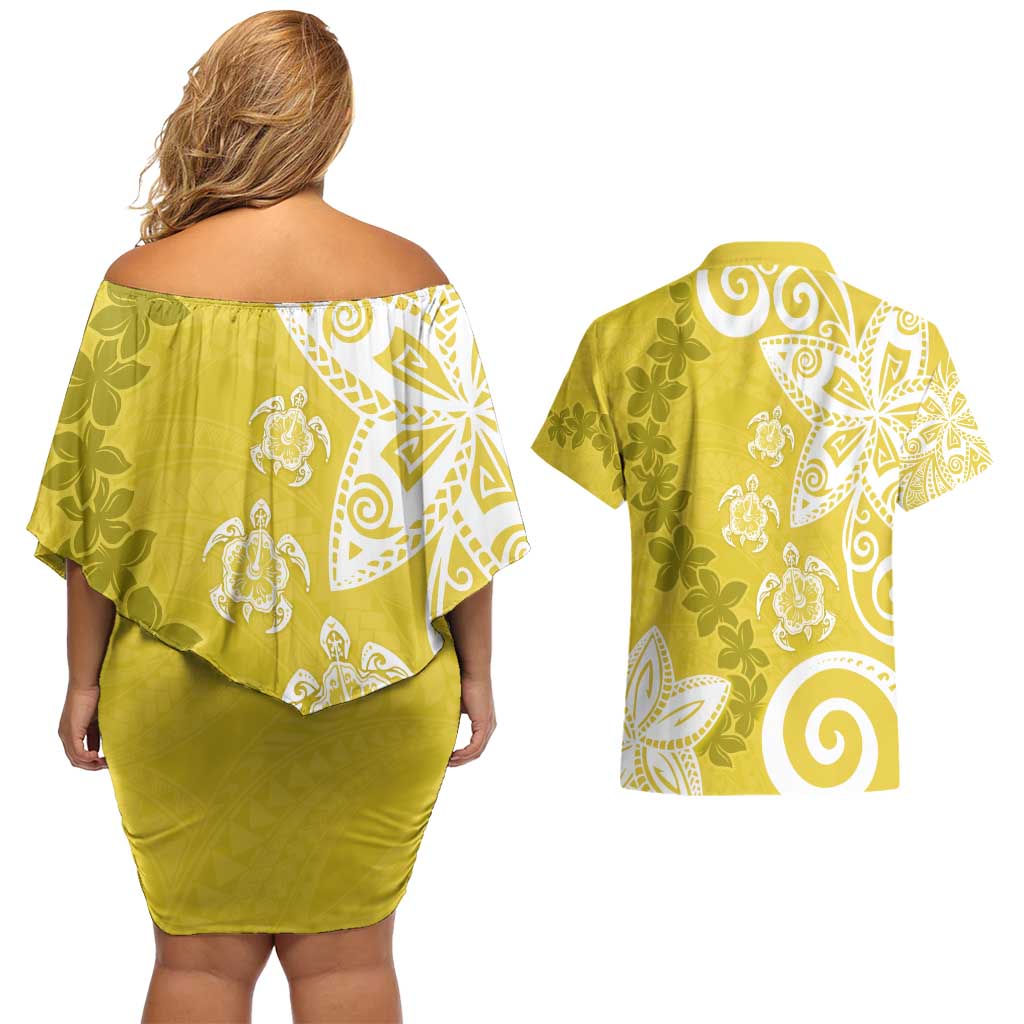 Polynesia Couples Matching Off Shoulder Short Dress and Hawaiian Shirt Yellow Tribal Turtle Floral Pattern