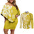 Polynesia Couples Matching Off Shoulder Short Dress and Long Sleeve Button Shirt Yellow Tribal Turtle Floral Pattern