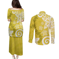 Polynesia Couples Matching Puletasi and Long Sleeve Button Shirt Yellow Tribal Turtle Floral Pattern