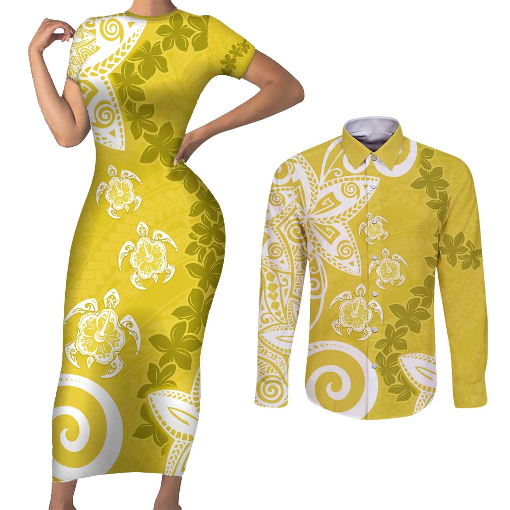 Polynesia Couples Matching Short Sleeve Bodycon Dress and Long Sleeve Button Shirt Yellow Tribal Turtle Floral Pattern