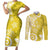 Polynesia Couples Matching Short Sleeve Bodycon Dress and Long Sleeve Button Shirt Yellow Tribal Turtle Floral Pattern