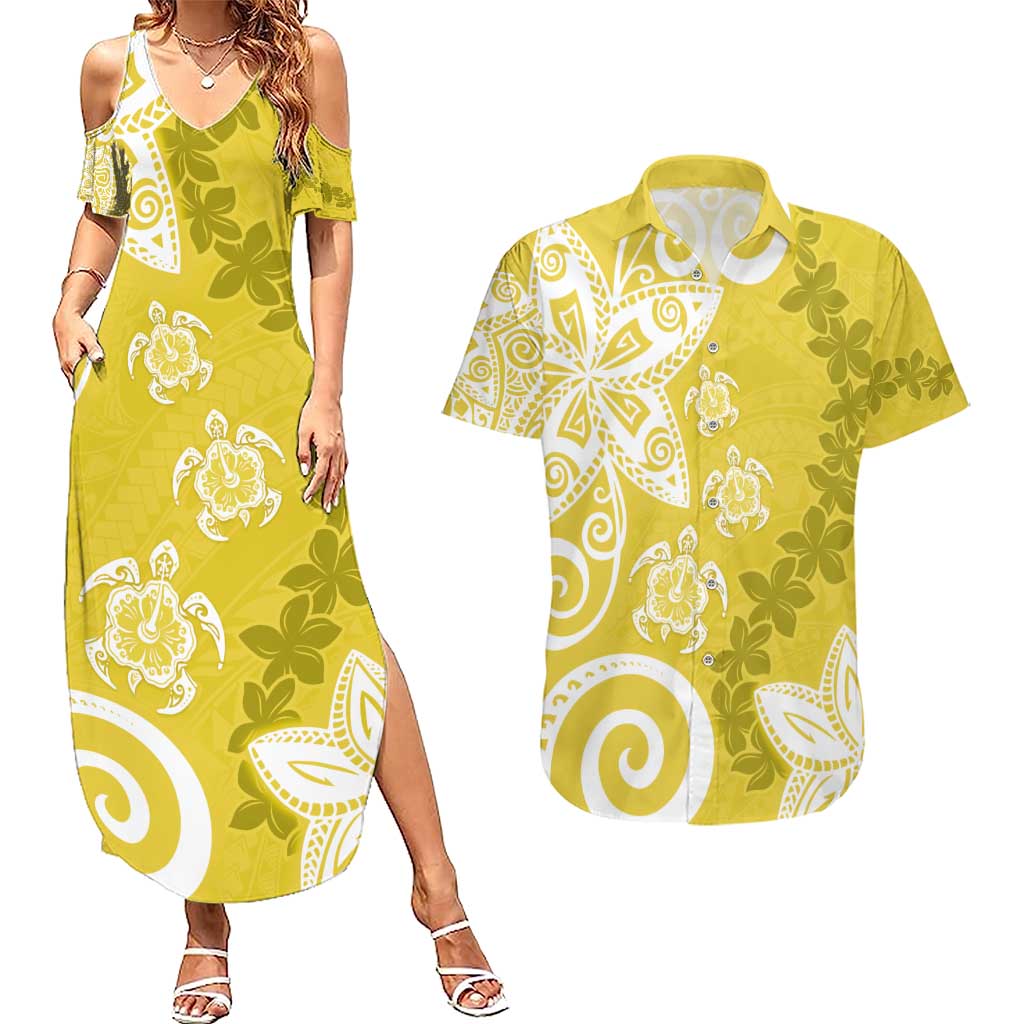 Polynesia Couples Matching Summer Maxi Dress and Hawaiian Shirt Yellow Tribal Turtle Floral Pattern