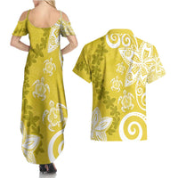 Polynesia Couples Matching Summer Maxi Dress and Hawaiian Shirt Yellow Tribal Turtle Floral Pattern