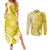 Polynesia Couples Matching Summer Maxi Dress and Long Sleeve Button Shirt Yellow Tribal Turtle Floral Pattern